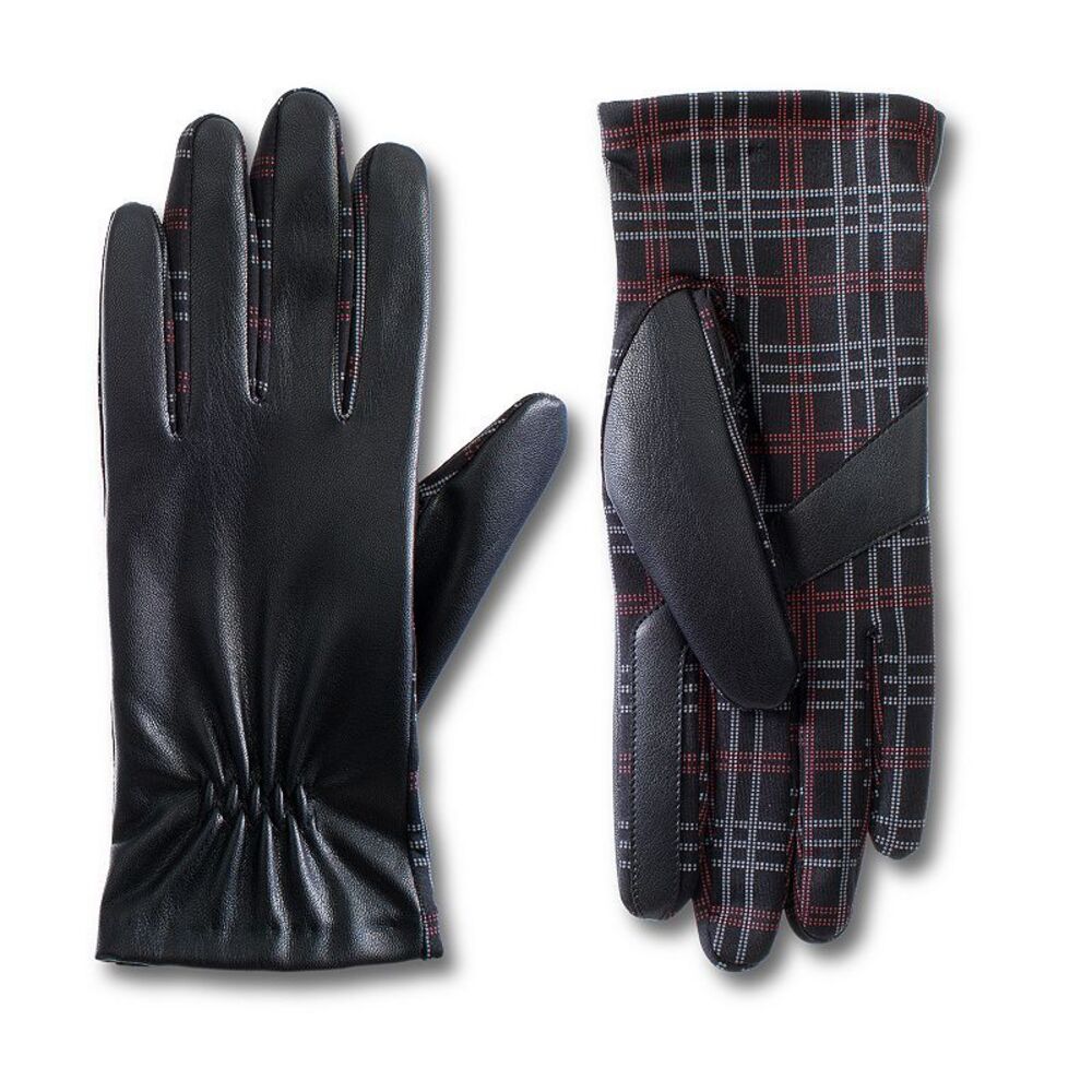 Isotoner Black Faux Leather and Red Plaid Gloves with Smart Touch